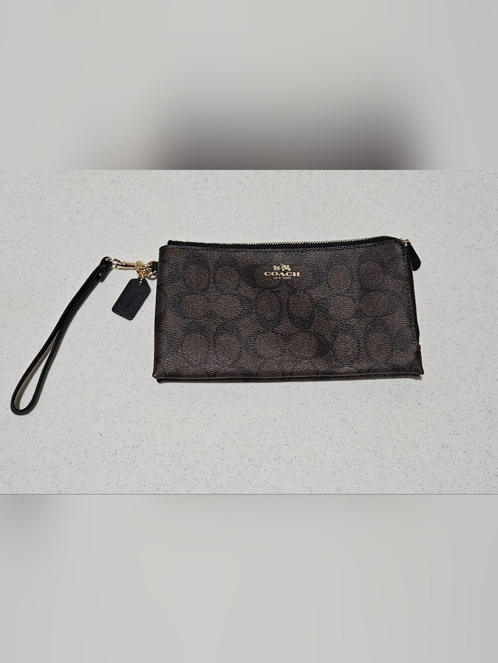 Coach Brown/Black Signature Canvas Wristlet with Gold Logo